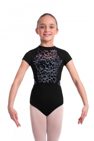 Kids' Bloch Coralee Animal Printed Mesh Cap Sleeve Leotards Black | USJKU72316